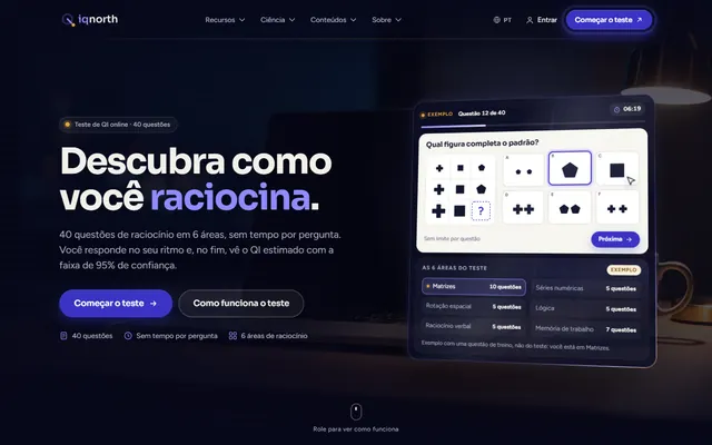Página inicial do IQNorth: “Descubra como você raciocina”, com uma questão de exemplo do teste.